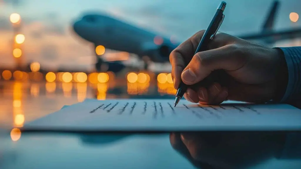 Aircraft in background while a person reviews paperwork