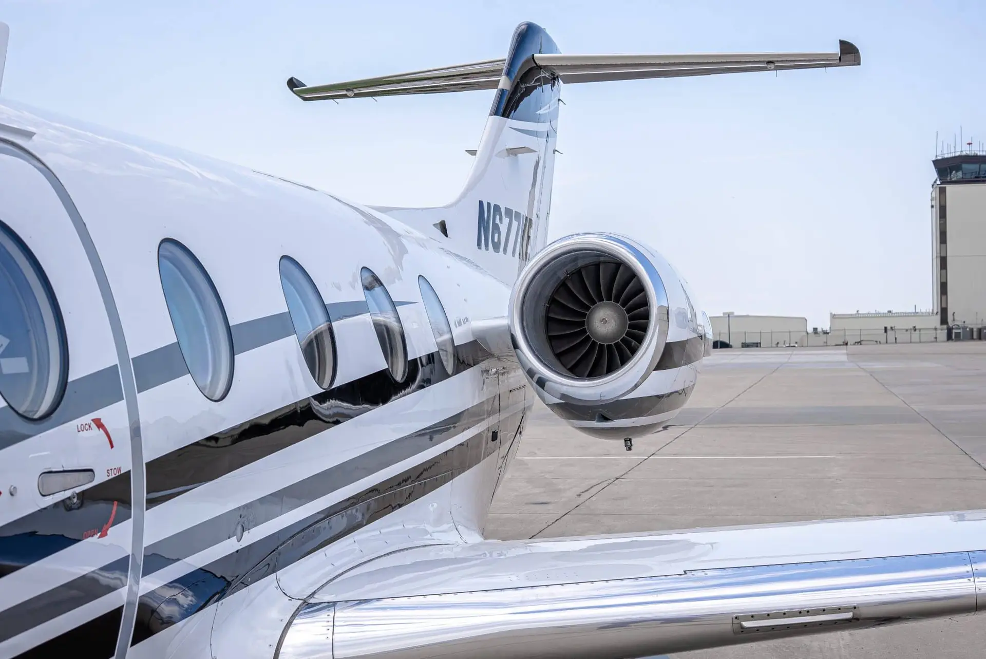 Beechjet fuselage and engine on an airport ramp